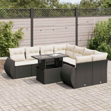 Set mobilier de grădină cu perne, 9 piese, negru, poliratan