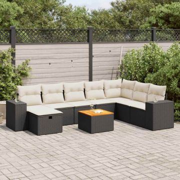 Set mobilier de grădină cu perne, 9 piese, negru, poliratan