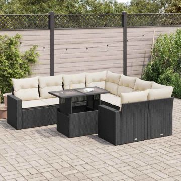 Set mobilier de grădină cu perne, 9 piese, negru, poliratan