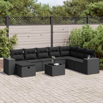 Set mobilier de grădină cu perne, 9 piese, negru, poliratan