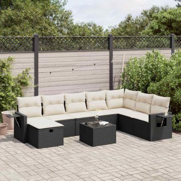 Set mobilier de grădină cu perne, 9 piese, negru, poliratan