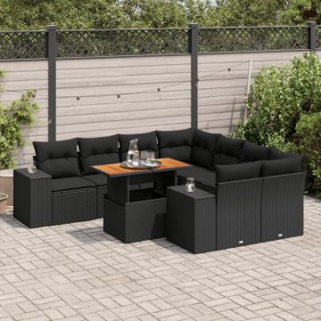 Set mobilier de grădină cu perne, 9 piese, negru, poliratan