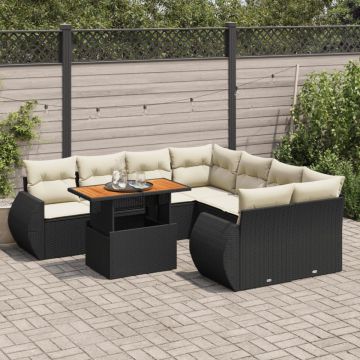 Set mobilier de grădină cu perne, 9 piese, negru, poliratan