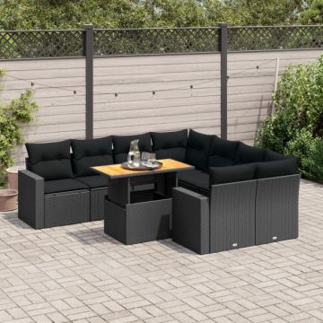 Set mobilier de grădină cu perne, 9 piese, negru, poliratan