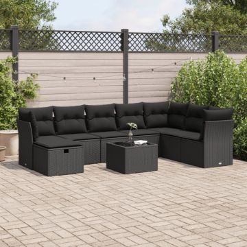 Set mobilier de grădină cu perne, 9 piese, negru, poliratan