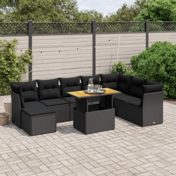 Set mobilier de grădină cu perne, 9 piese, negru, poliratan