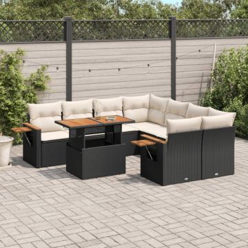 Set mobilier de grădină cu perne, 9 piese, negru, poliratan