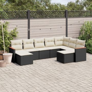 Set mobilier de grădină cu perne, 9 piese, negru, poliratan