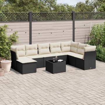 Set mobilier de grădină cu perne, 9 piese, negru, poliratan