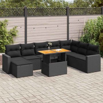 Set mobilier de grădină cu perne, 9 piese, negru, poliratan