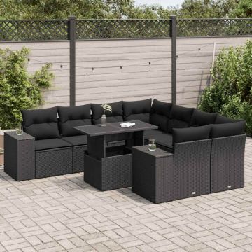 Set mobilier de grădină cu perne, 9 piese, negru, poliratan