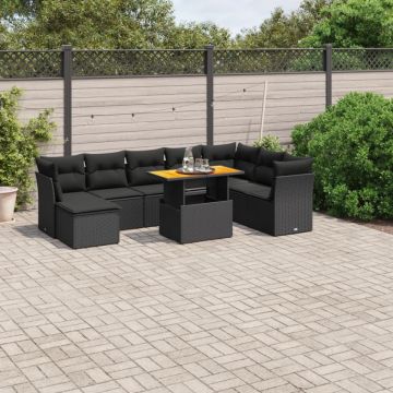 Set mobilier de grădină cu perne, 9 piese, negru, poliratan