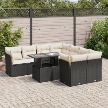 Set mobilier de grădină cu perne, 9 piese, negru, poliratan