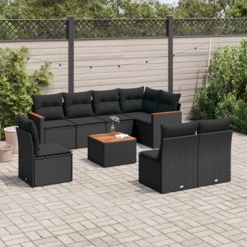 Set mobilier de grădină cu perne, 9 piese, negru, poliratan