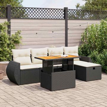 Set mobilier grădină perne 6 piese negru poliratan/lemn acacia