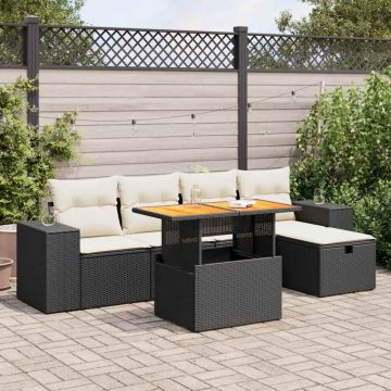 Set mobilier grădină perne 6 piese negru poliratan/lemn acacia