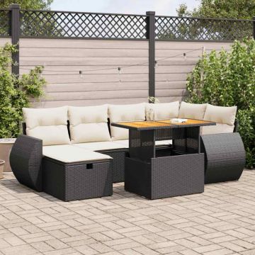 Set mobilier grădină perne 8 piese negru, poliratan/lemn acacia