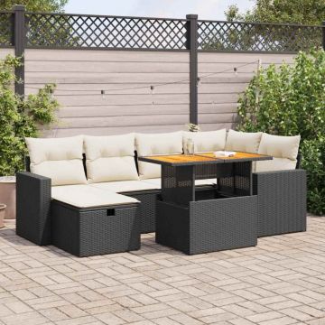 Set mobilier grădină perne 8 piese negru, poliratan/lemn acacia