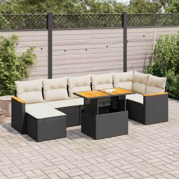 Set mobilier grădină perne 8 piese negru, poliratan/lemn acacia