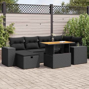 Set mobilier grădină perne 8 piese negru, poliratan/lemn acacia