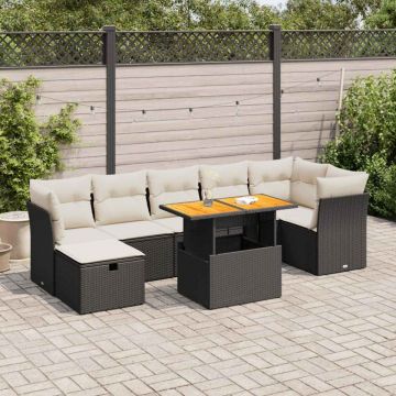 Set mobilier grădină perne 8 piese negru, poliratan/lemn acacia