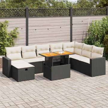 Set mobilier grădină perne 9 piese negru poliratan/lemn acacia