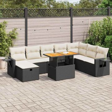 Set mobilier grădină perne 9 piese negru poliratan/lemn acacia