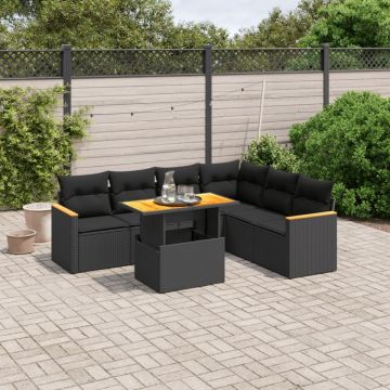 Set canapele de grădină cu perne, 7 piese, negru, poliratan