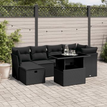 Set canapele de grădină cu perne, 7 piese, negru, poliratan