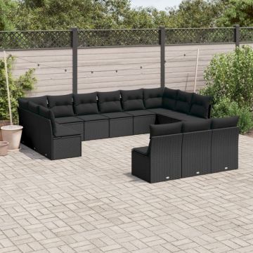 Set mobilier de grădină cu perne, 13 piese, negru, poliratan