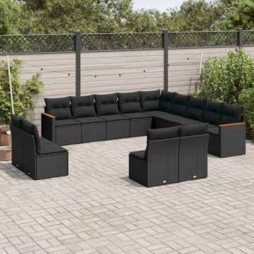 Set mobilier de grădină cu perne, 13 piese, negru, poliratan