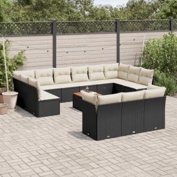 Set mobilier de grădină cu perne, 14 piese, negru, poliratan