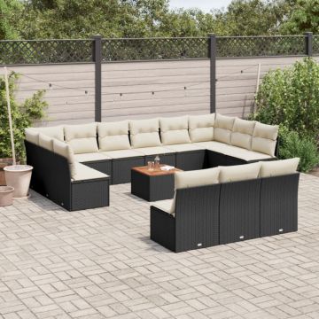 Set mobilier de grădină cu perne, 14 piese, negru, poliratan