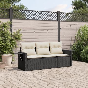 Set mobilier de grădină cu perne, 3 piese, negru, poliratan