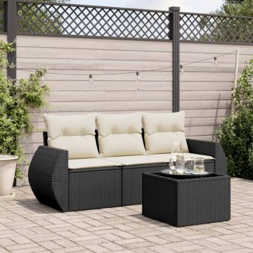 Set mobilier de grădină cu perne, 4 piese, negru, poliratan