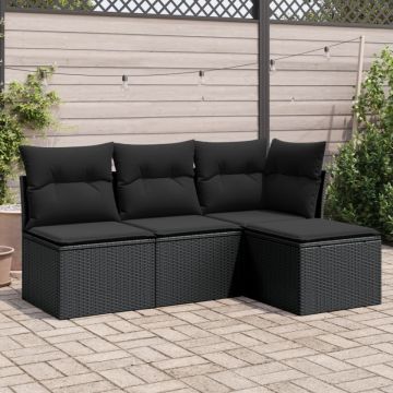 Set mobilier de grădină cu perne, 4 piese, negru, poliratan