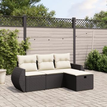 Set mobilier de grădină cu perne, 4 piese, negru, poliratan