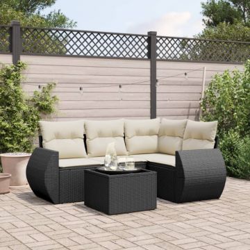 Set mobilier de grădină cu perne, 5 piese, negru, poliratan