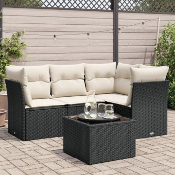 Set mobilier de grădină cu perne, 5 piese, negru, poliratan