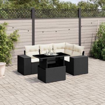 Set mobilier de grădină cu perne, 5 piese, negru, poliratan