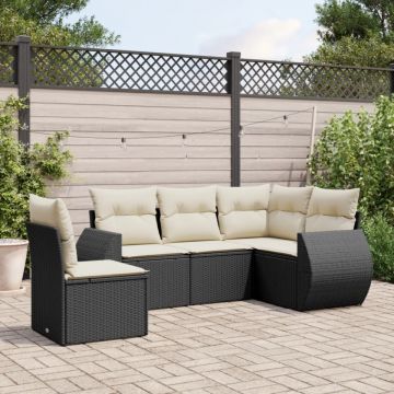 Set mobilier de grădină cu perne, 5 piese, negru, poliratan