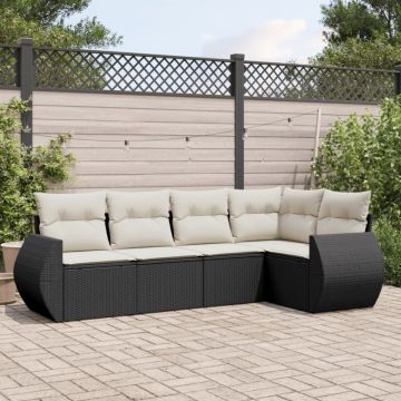 Set mobilier de grădină cu perne, 5 piese, negru, poliratan