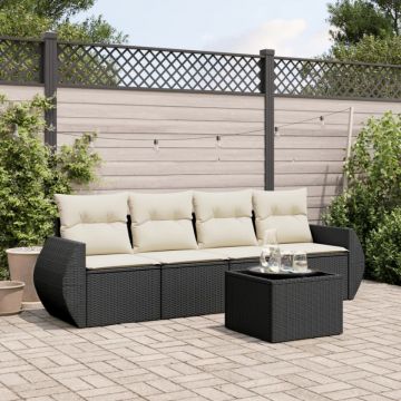 Set mobilier de grădină cu perne, 5 piese, negru, poliratan