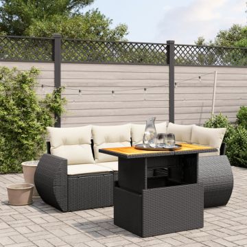 Set mobilier de grădină cu perne, 5 piese, negru, poliratan