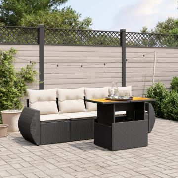 Set mobilier de grădină cu perne, 5 piese, negru, poliratan