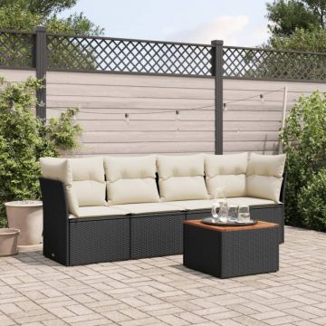 Set mobilier de grădină cu perne, 5 piese, negru, poliratan