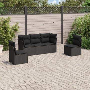 Set mobilier de grădină cu perne, 5 piese, negru, poliratan