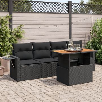 Set mobilier de grădină cu perne, 5 piese, negru, poliratan