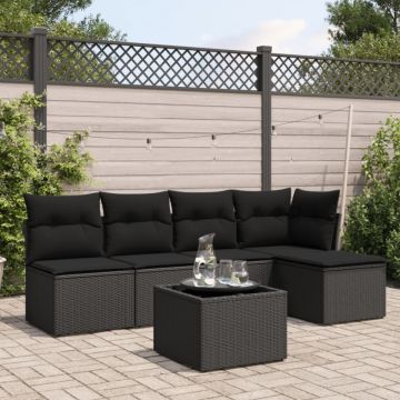 Set mobilier de grădină cu perne, 6 piese, negru, poliratan