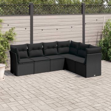 Set mobilier de grădină cu perne, 6 piese, negru, poliratan